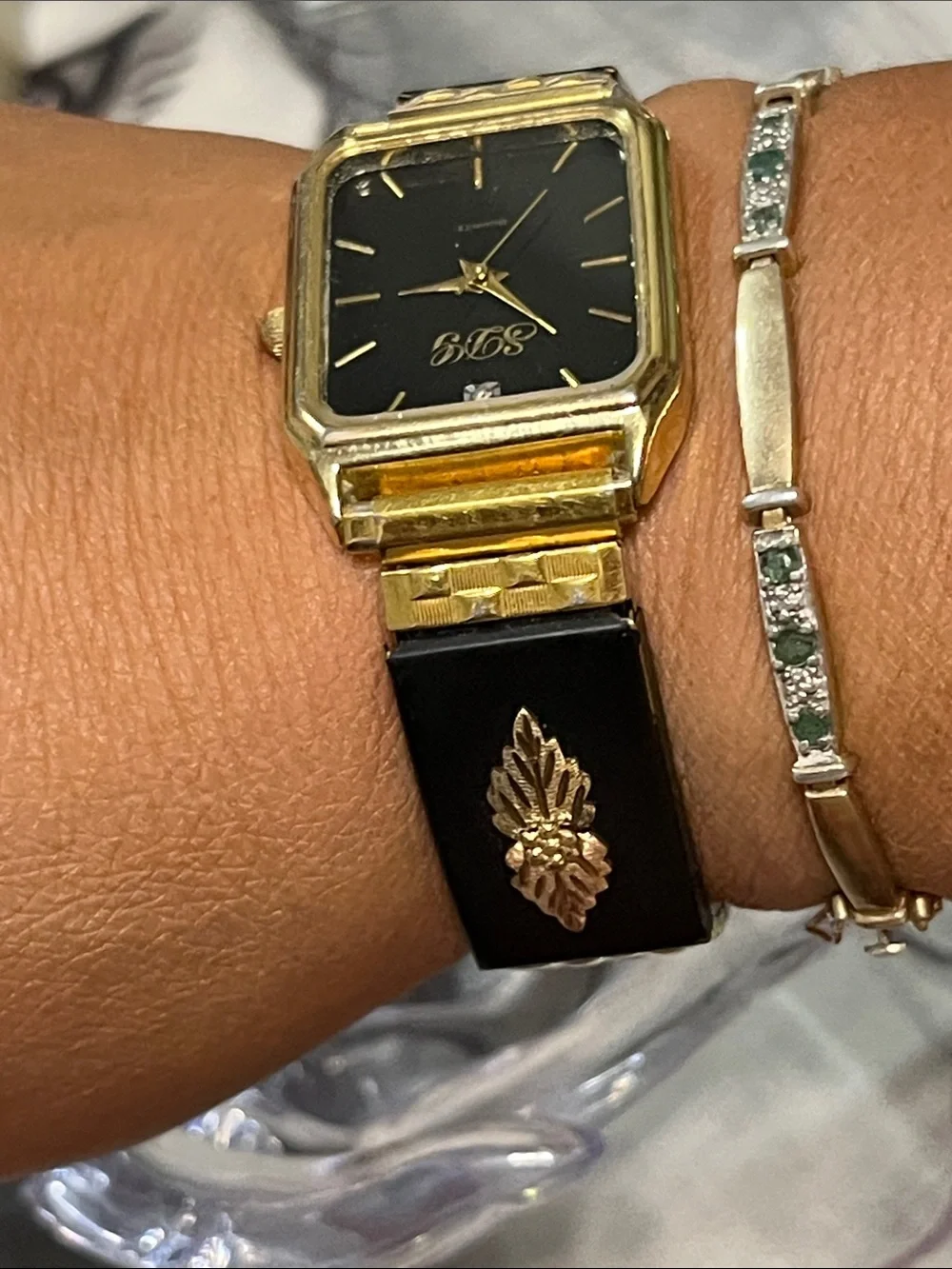 Gold-Tone Women's Watch with Black Dial and Black Bracelet Accent